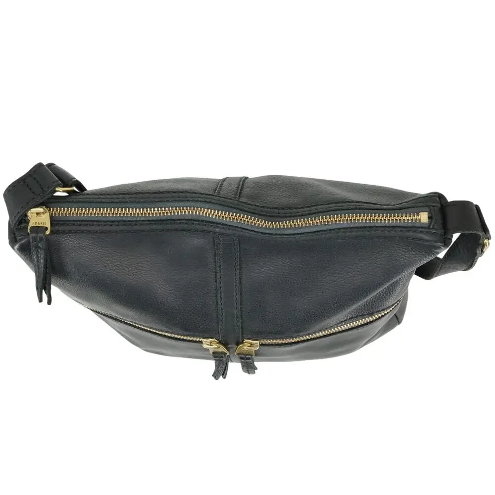 Fossil Leather Handbag Womens Black Crossbody Bag Zipper Pockets Preppy Academia